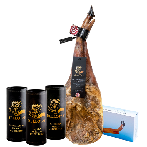 7 BELLOTAS® Acorn-Fed 100% Ibérico Shoulder Ham + 3 X Iberian Sausage + Holder stand & knife