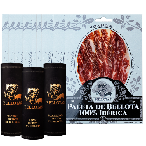 7 BELLOTAS® Shoulder ham Bellota 100% Ibérico 10 X Blister 80gr. + 3 X Cured Bellota Sausages