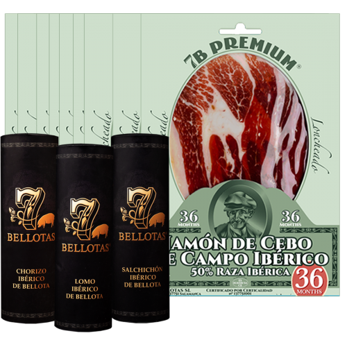 7B Premium® Iberico Ham 10 X Blister 80gr. + 3 X Bellota Sausages