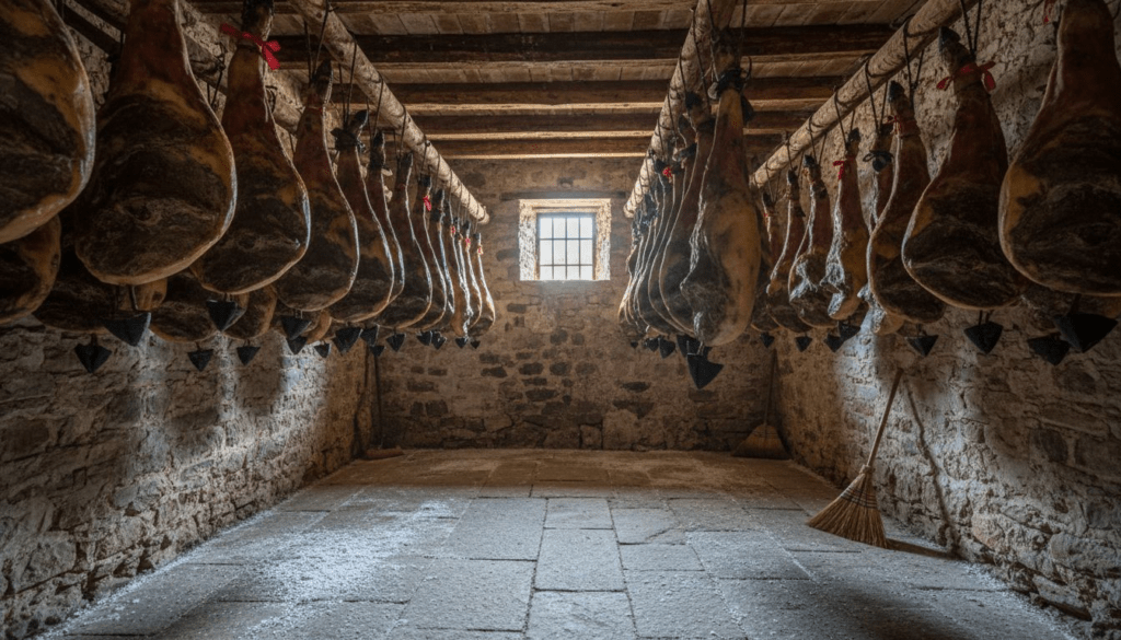 Aging room filled with hanging Serrano hams