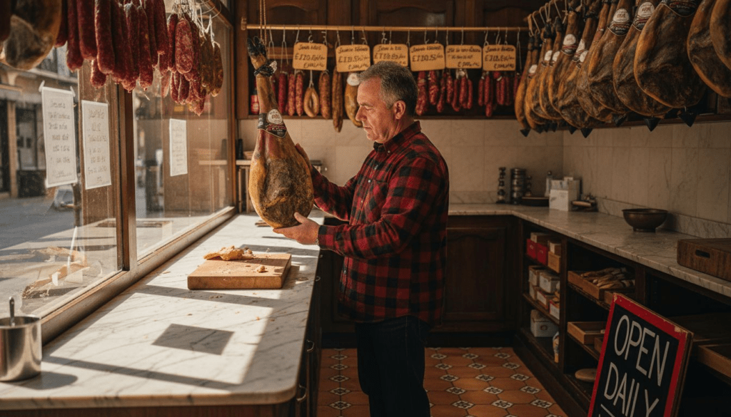 Customer examining cured Spanish ham in shop