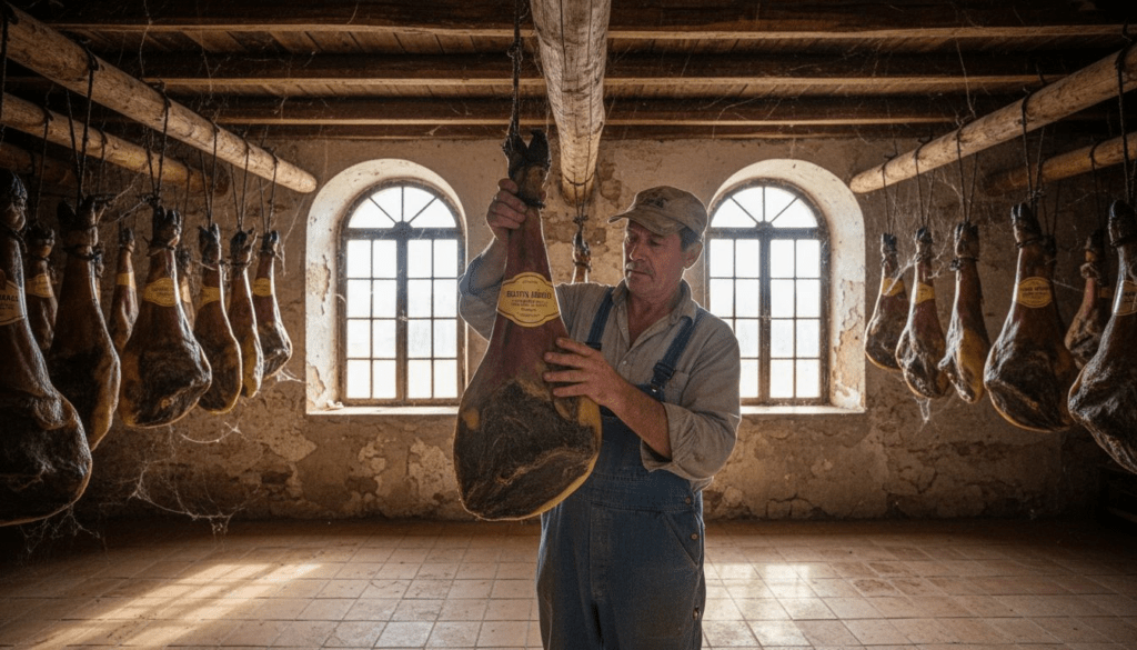 Farmer inspects Bellota Iberico ham curing