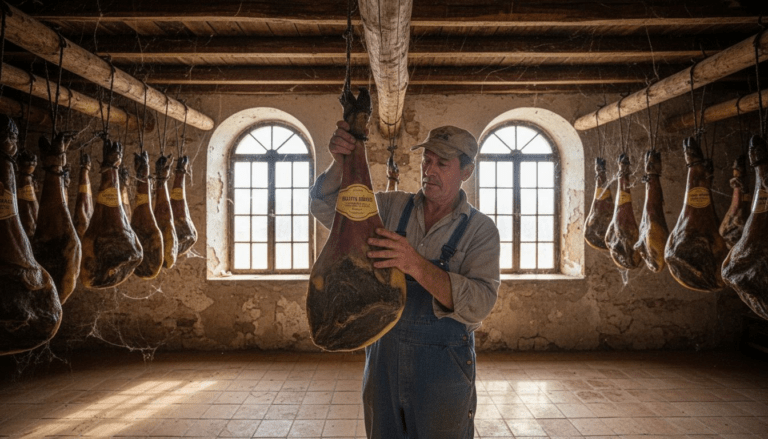 Farmer inspects Bellota Iberico ham curing