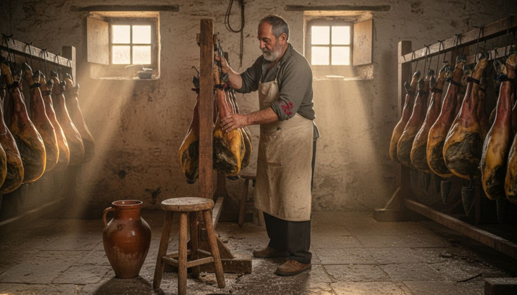 Artisan arranging Spanish ham in rustic curing room