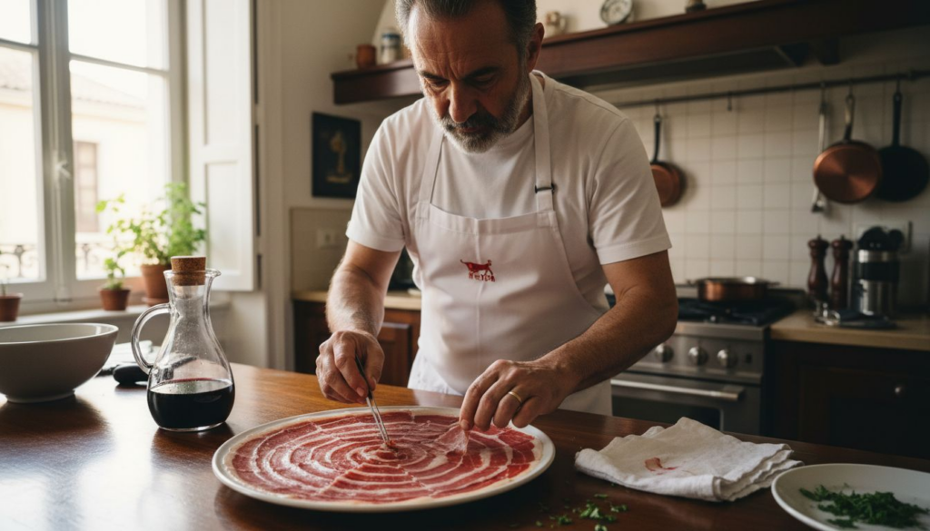 Serving Iberico Ham Guide: Master Gourmet Presentation 1 Chef artfully arranging Iberico ham slices