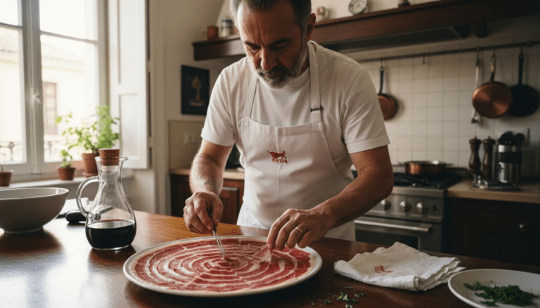 Chef artfully arranging Iberico ham slices