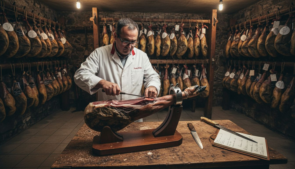 Master ham cutter slicing Iberico ham in Spanish cellar