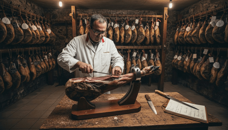Master ham cutter slicing Iberico ham in Spanish cellar