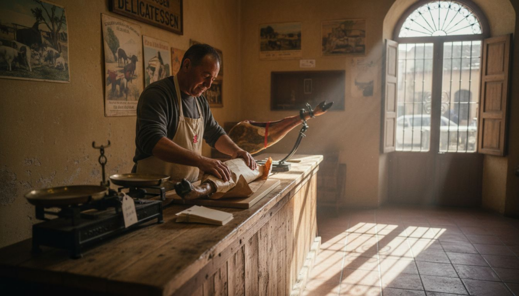 Shopkeeper wrapping authentic Iberico ham