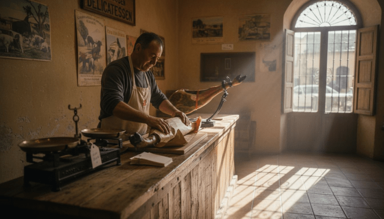 Shopkeeper wrapping authentic Iberico ham