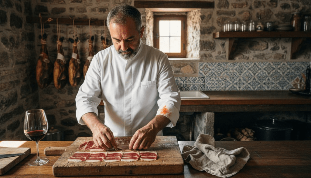 Chef arranging Spanish ham on wooden board