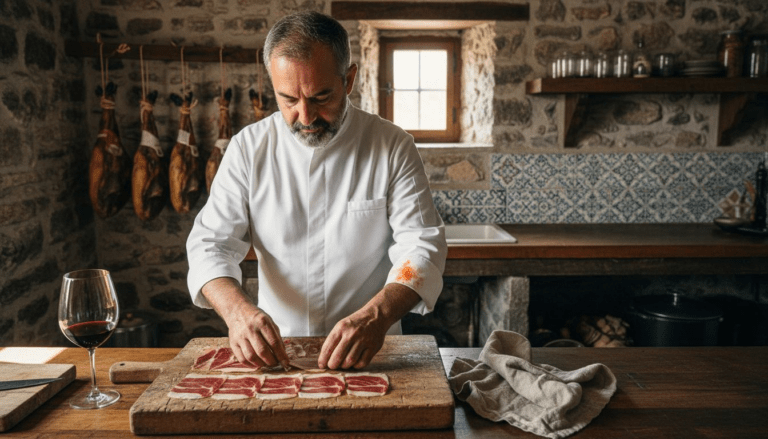 Chef arranging Spanish ham on wooden board