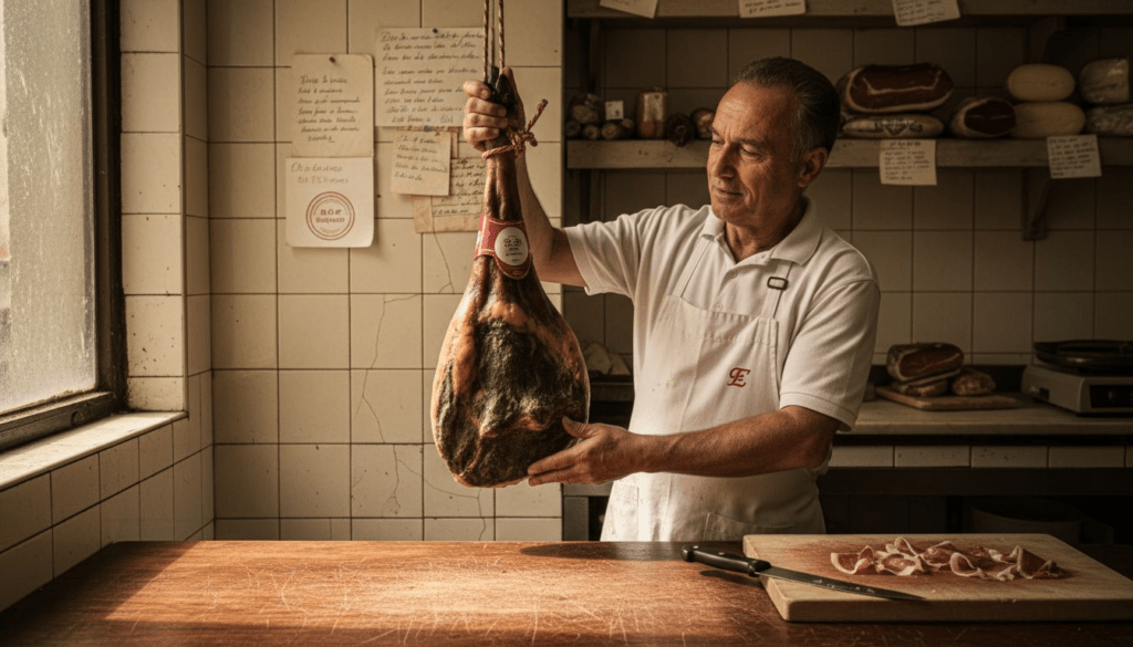 Butcher inspecting Iberico ham for quality in deli