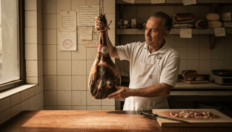 Butcher inspecting Iberico ham for quality in deli
