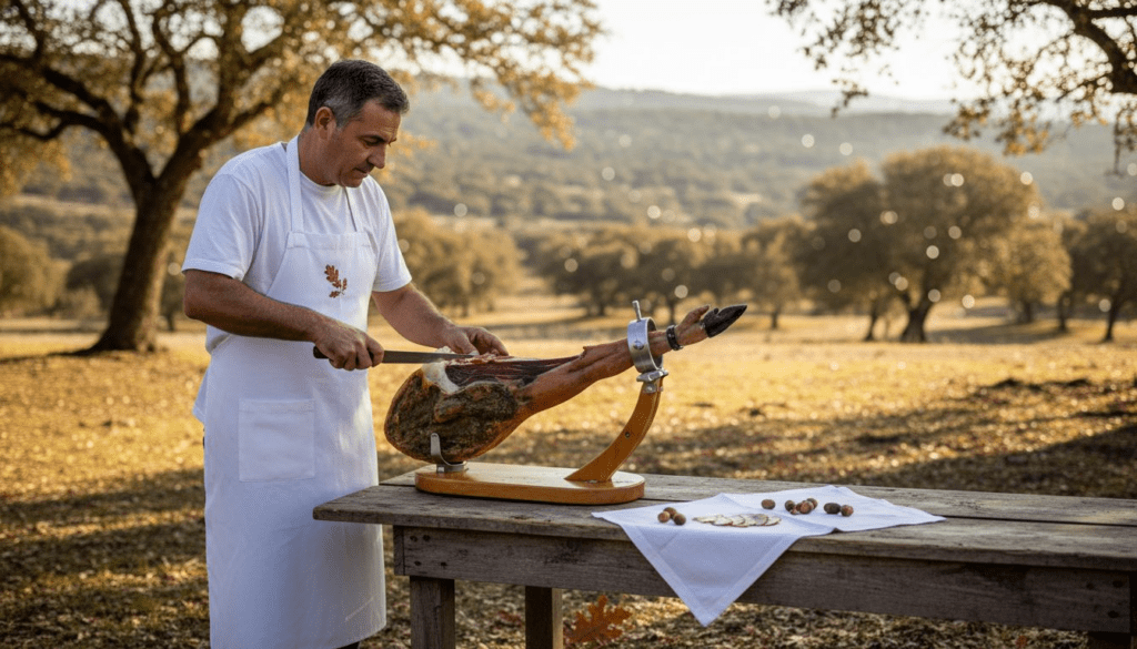 Master carver slicing Jamón de Bellota ham outdoors