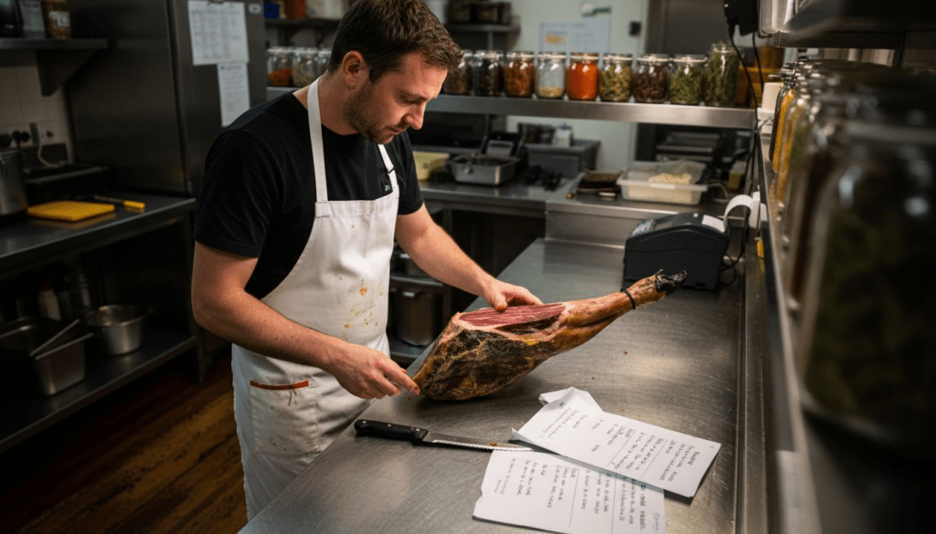 Chef inspecting Iberico ham in kitchen