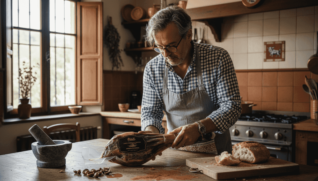 Chef examines Iberico ham leg in warm gourmet kitchen