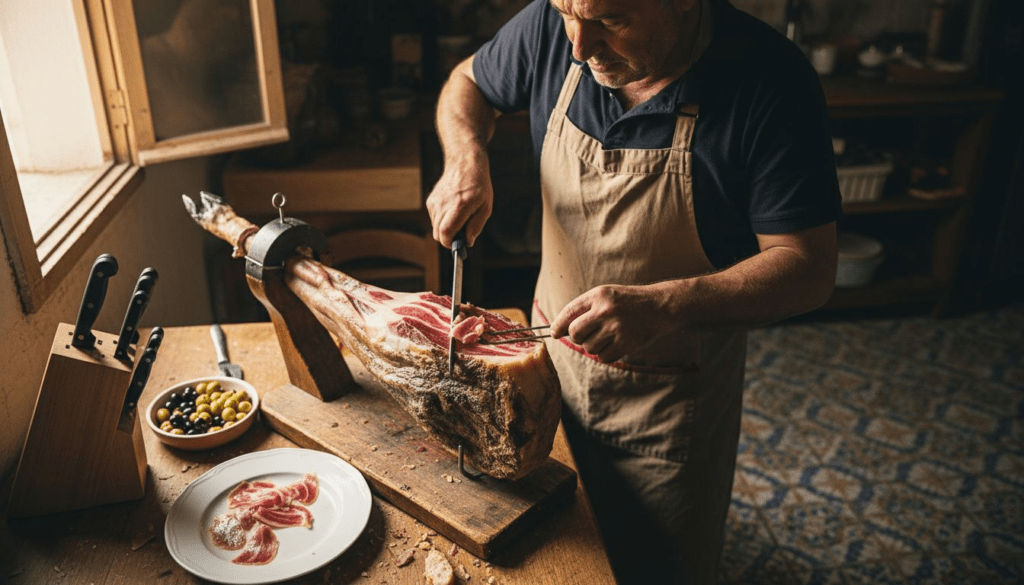 Spanish chef slicing Jamón Serrano on wooden stand