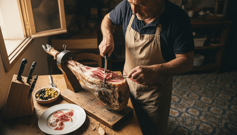 Spanish chef slicing Jamón Serrano on wooden stand