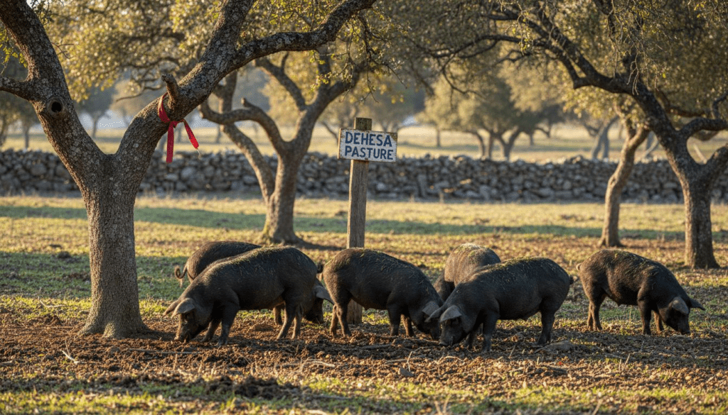 A wide, atmospheric shot of the Spanish Dehesa at dawn or dusk, showing the ancient oak trees and free-roaming Iberian pigs foraging in their natural habitat