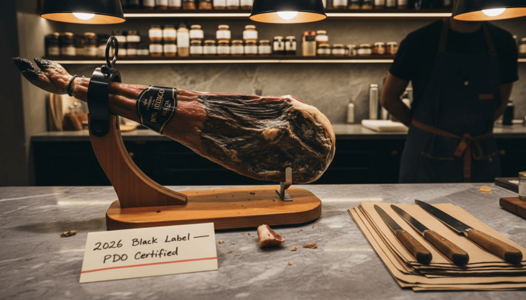 Whole Iberico ham in wooden stand at shop
