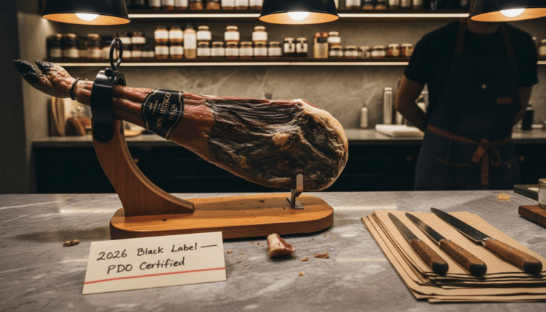 Whole Iberico ham in wooden stand at shop