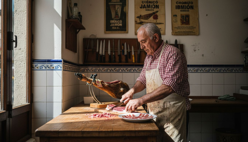 Spanish butcher slicing Iberico jamon