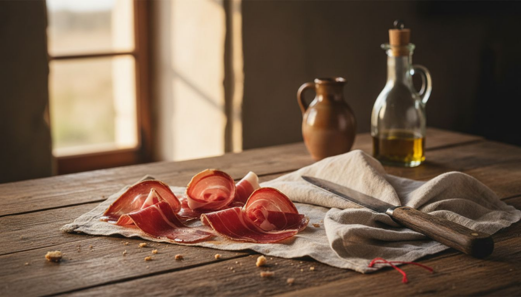 Sliced jamón ibérico on rustic wooden table