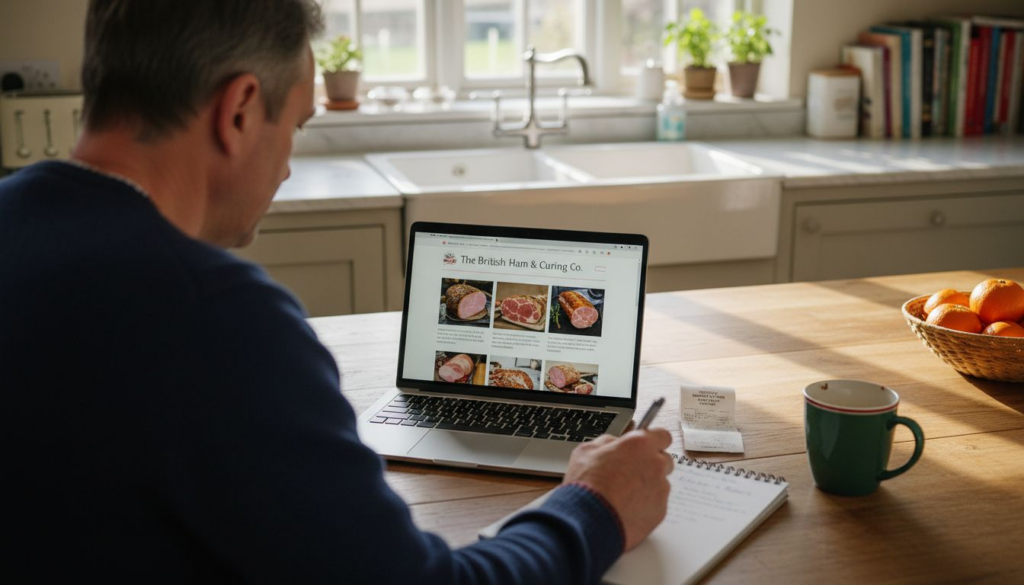 Man ordering Spanish ham online in kitchen