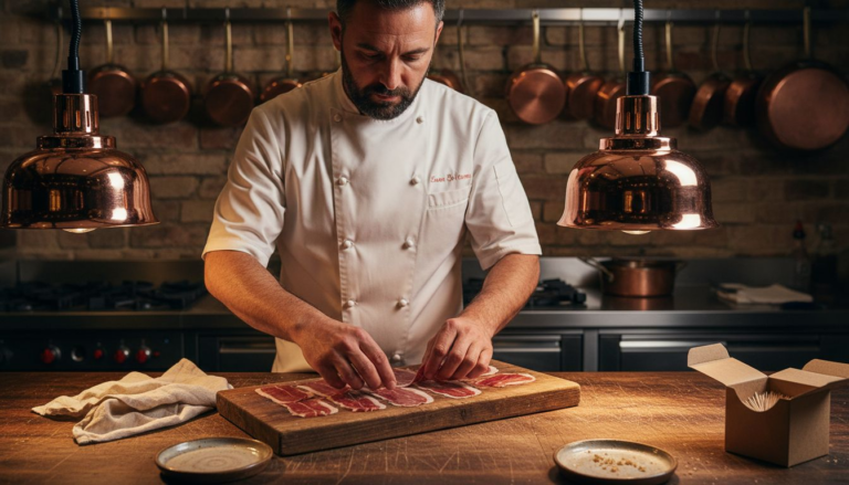 Chef arranging sliced Iberico ham on board