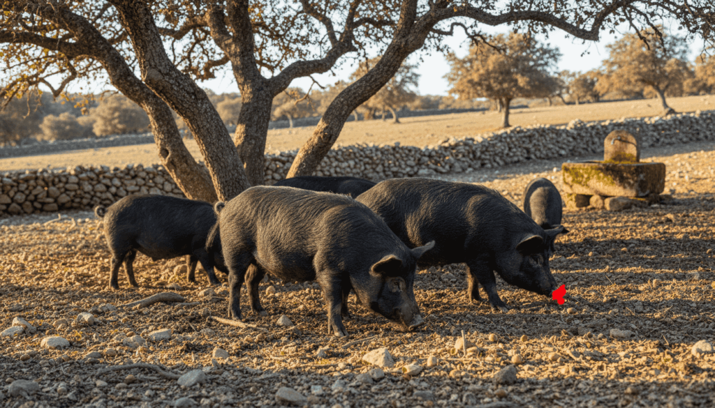 Iberico pigs foraging under oak trees