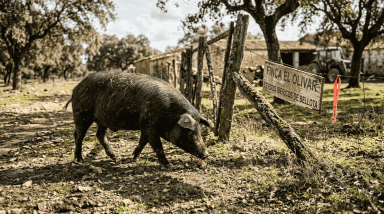 Iberian pig foraging beneath oak trees