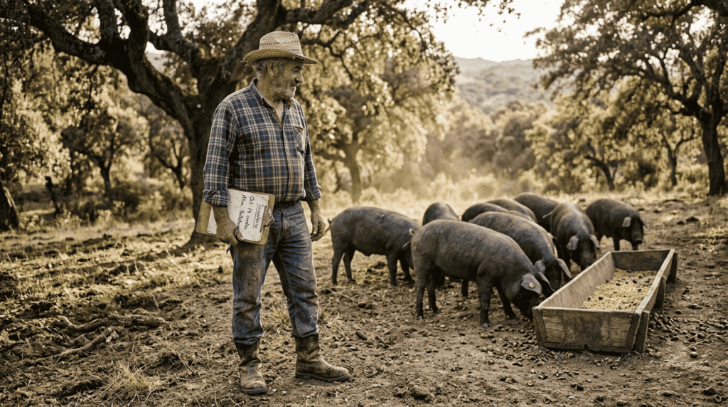 Spanish farmer with Iberian pigs in dehesa field