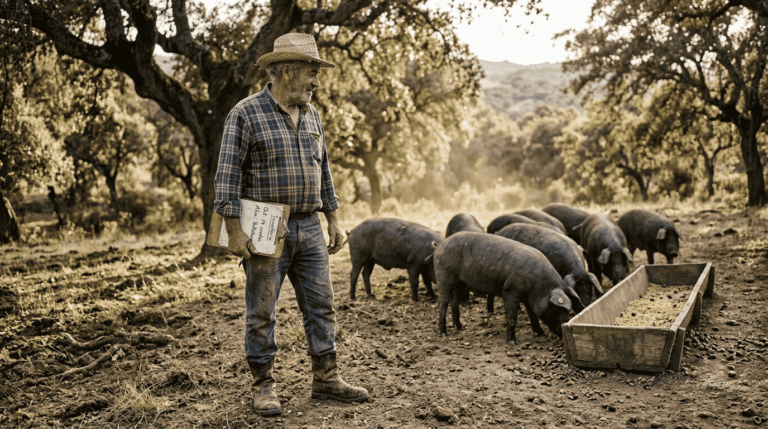 Spanish farmer with Iberian pigs in dehesa field