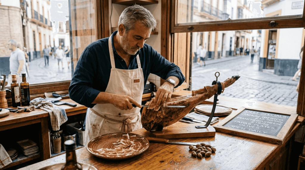 Deli worker slicing Iberico ham on counter