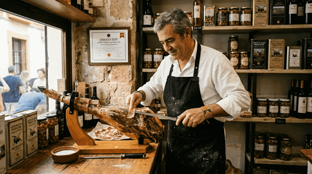 10 expert tips for selecting authentic Iberico ham in 2026 1 Butcher slicing Iberico ham specialty shop