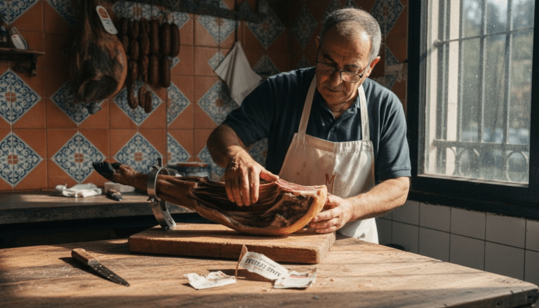 Butcher examining whole Iberico ham leg