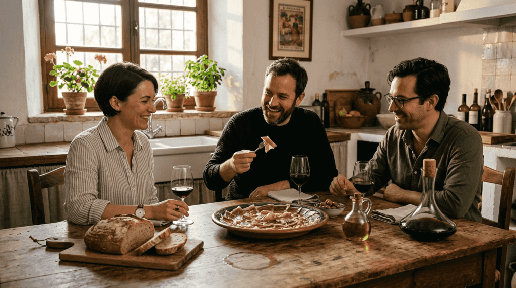 Friends sampling Iberico ham in sunlit kitchen