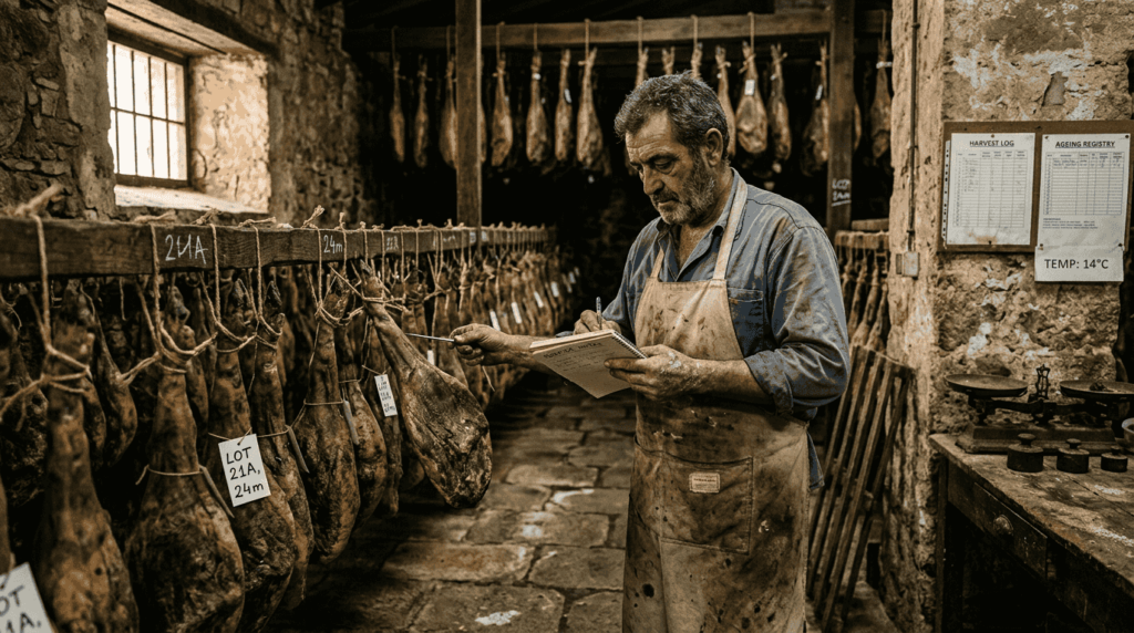 Master inspecting hams in aging cellar