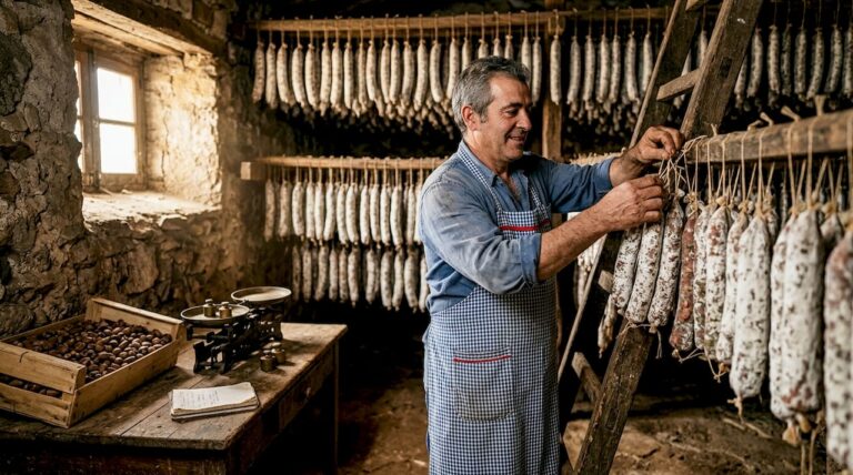 Charcutier hanging salchichon iberico sausages in cellar