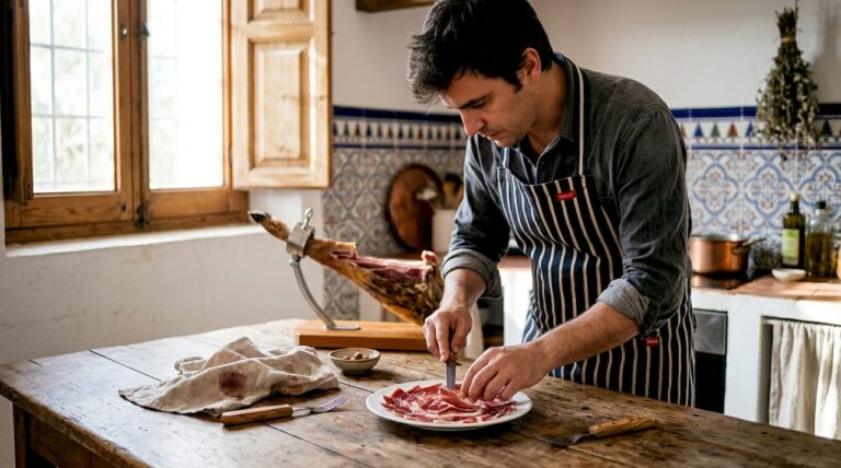 Man arranging Iberico ham slices in kitchen