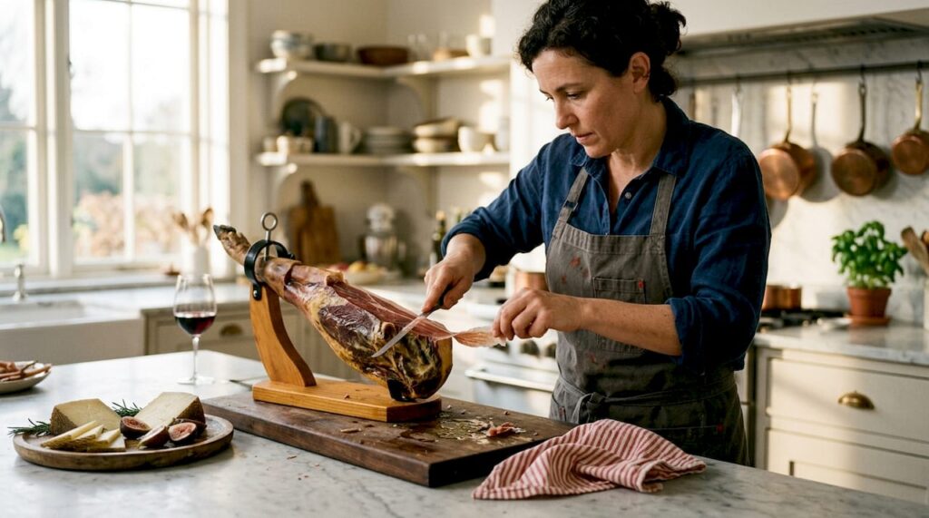 Creative ways to serve Iberico ham for gourmet experiences 1 Chef slicing Iberico ham in home kitchen