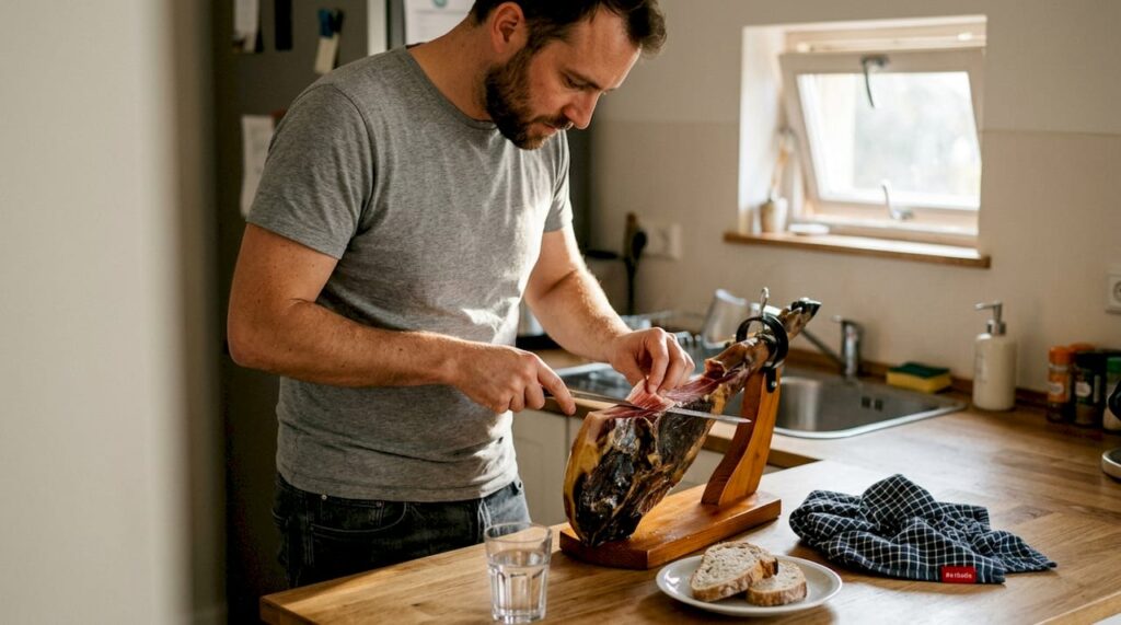Slicing Iberico ham on casual kitchen counter