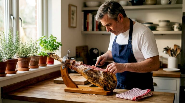 Chef slicing Iberico ham in home kitchen
