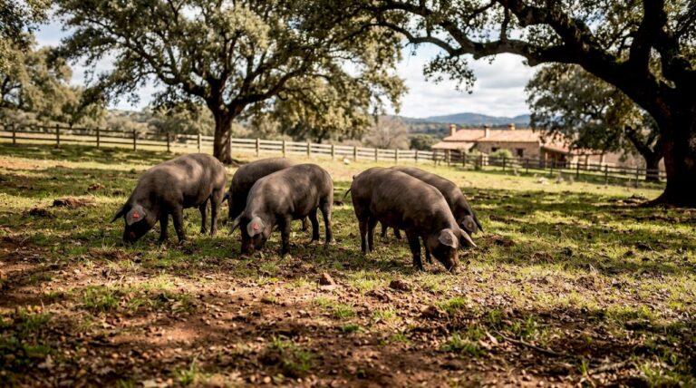 Iberian pigs foraging under oak trees in Spain