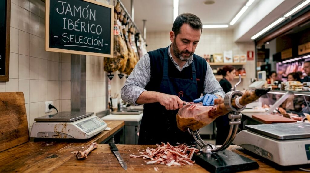 Charcuterie worker slicing Jamón Ibérico ham