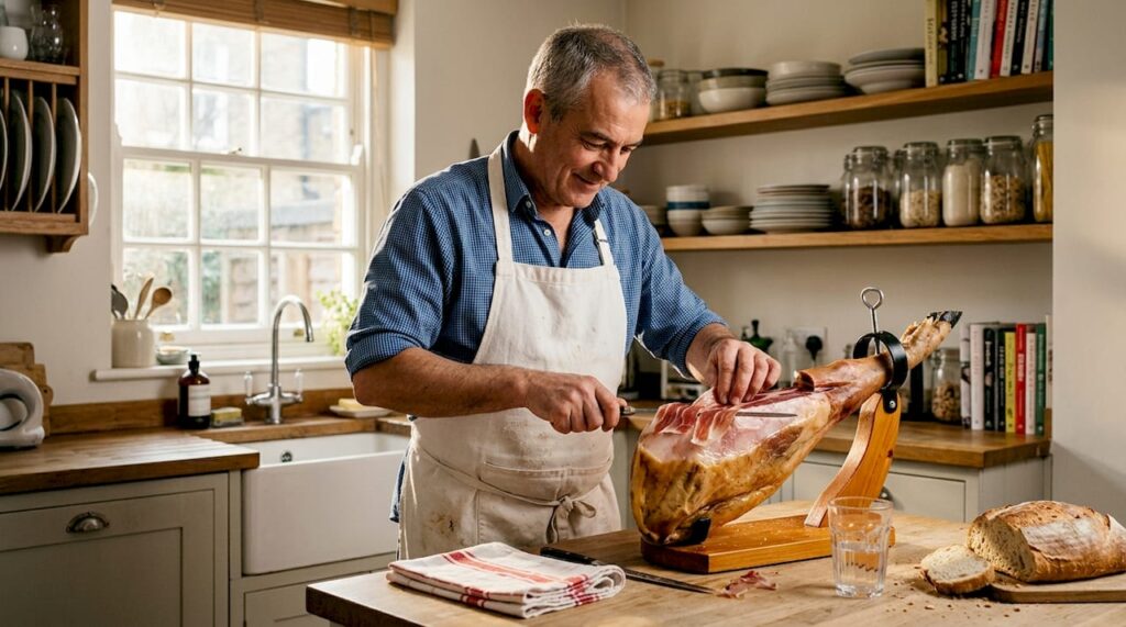 Chef slicing Iberian paleta ham in home kitchen