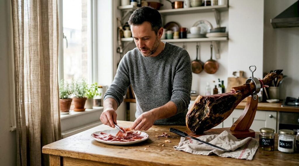 Preparing Pata Negra ham in sunlit kitchen