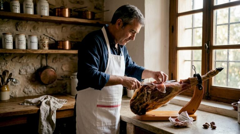 Artisan slicing Iberico ham in rustic kitchen