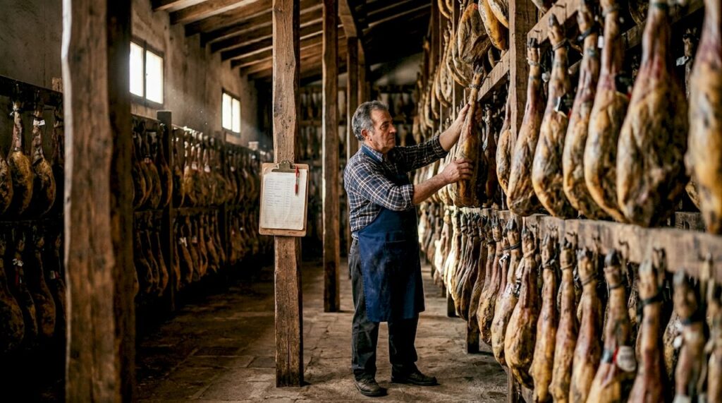 Iberico artisan selecting ham in curing cellar